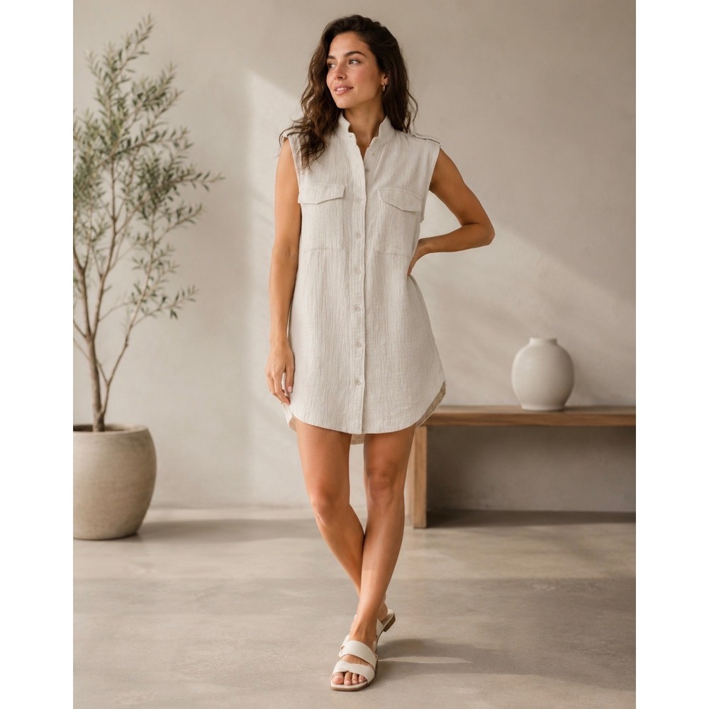 FRNCH Paris Women Button Front Tunic Shirt Dress Small Cream Textured Boho Chic